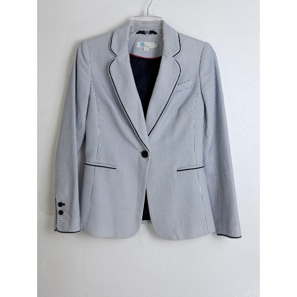 Boden Blazer Blue White Seersucker Striped Piped Trim Lined Cotton Size 2R